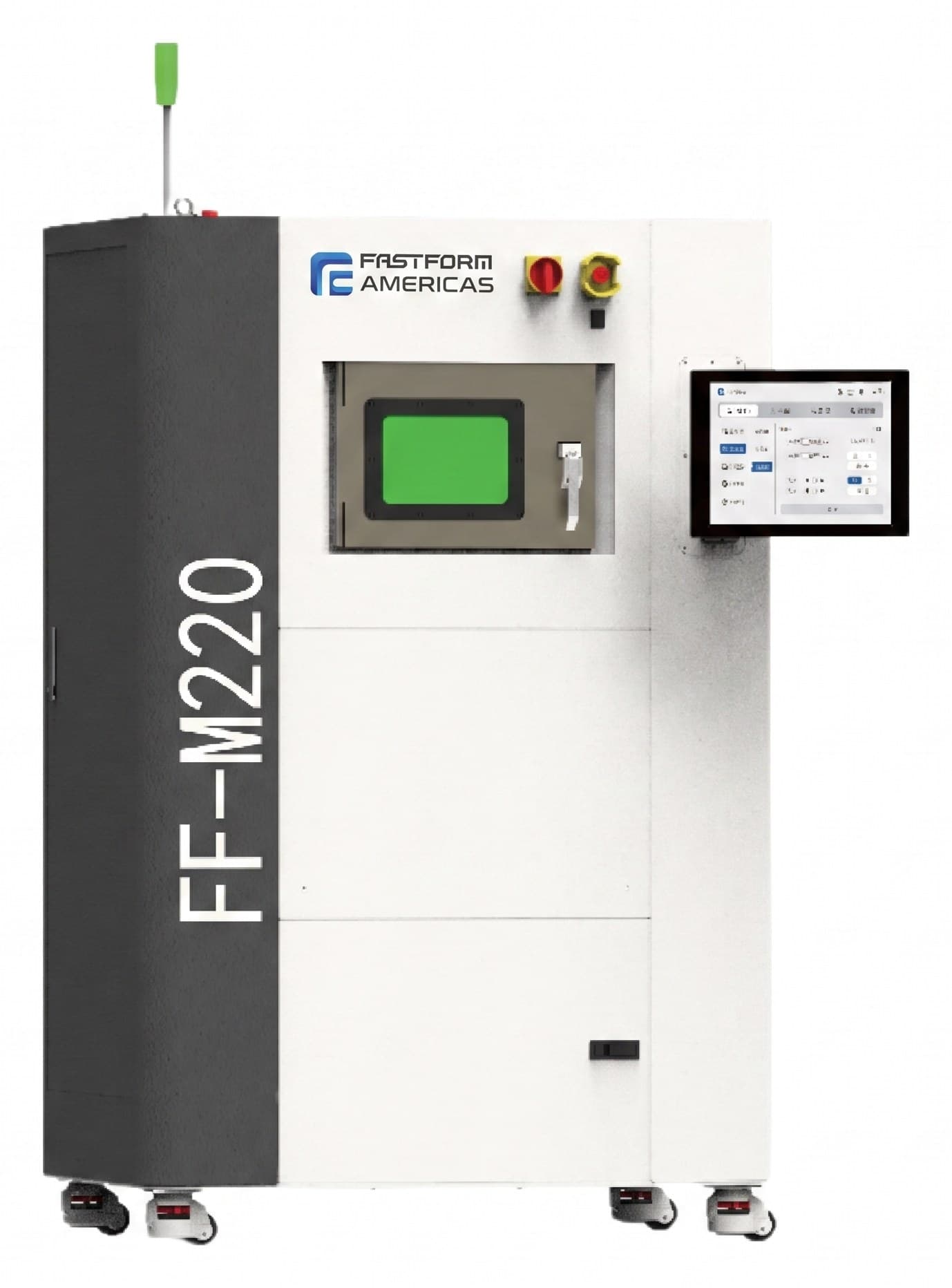 FF-M220 — 220 × 140 × 100 mm · dual 500 W lasers · 300 crowns/run